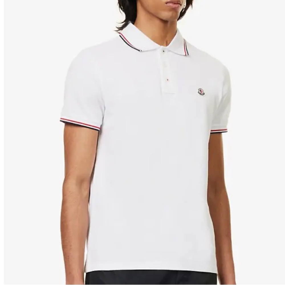 Moncler Cotton Pique White Polo with Red and Blue Accents